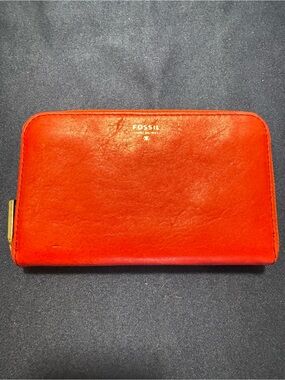 Fossil Women’s Red Zip-Around Wallet with Zipper & Logo Accents, Credit Card